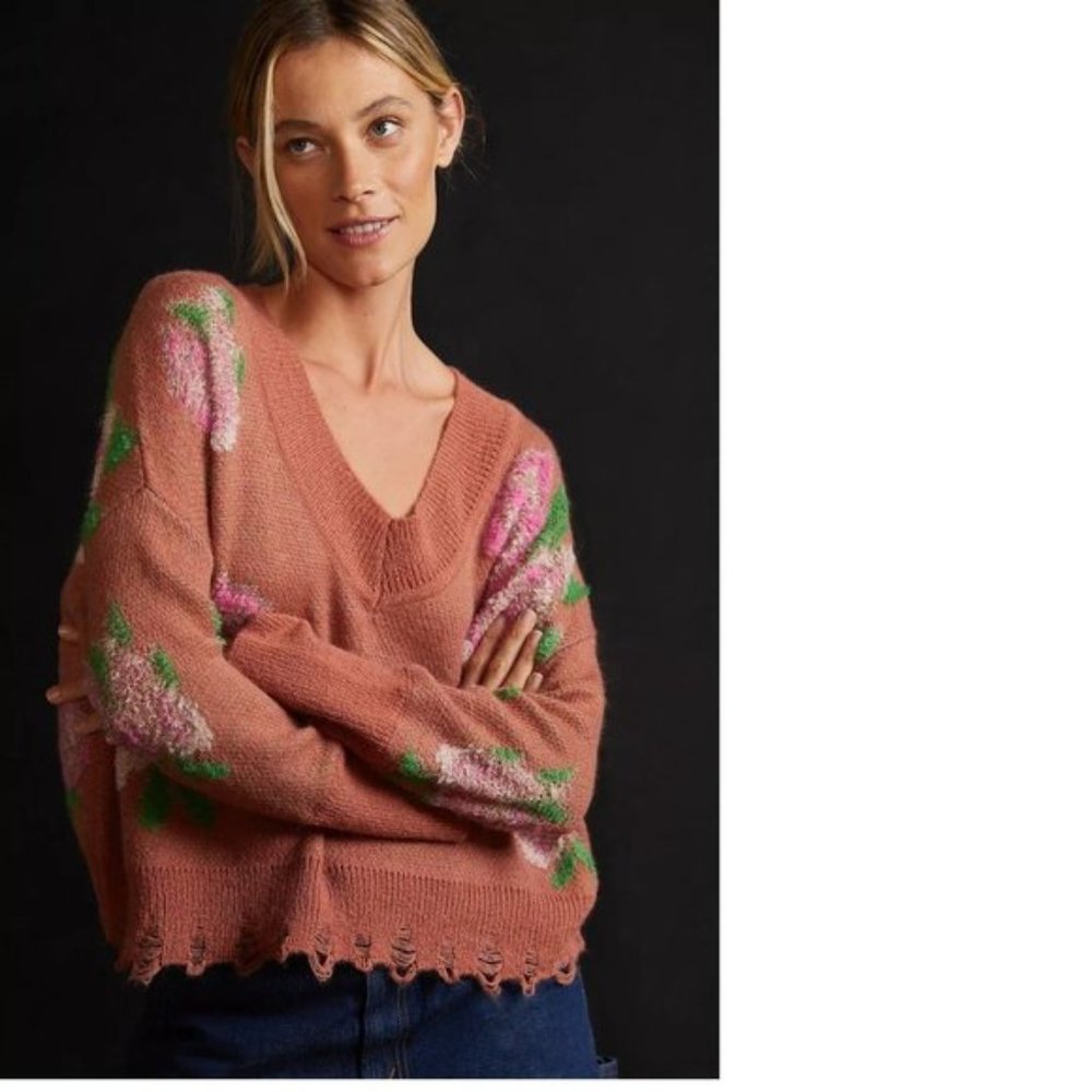 By Anthropologie Drop Shoulder V-Neck Sweater new with tag size small - Picture 2 of 9